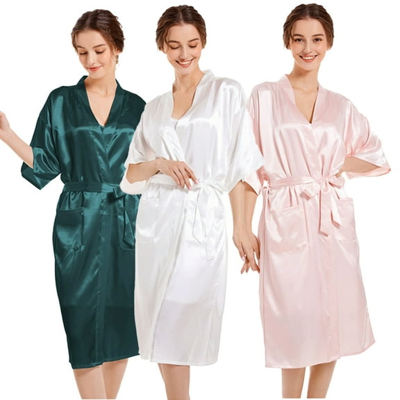 LYMAYTER Women Silky Robes for M-3XL Satin Mid-length Bathrobes Fashion Solid Color Nightgowns Soft Summer Loungewear