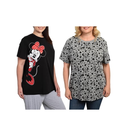 Womens Plus Size Disney Minnie Mouse T-shirt 2-PACK Short Sleeve Black Gray