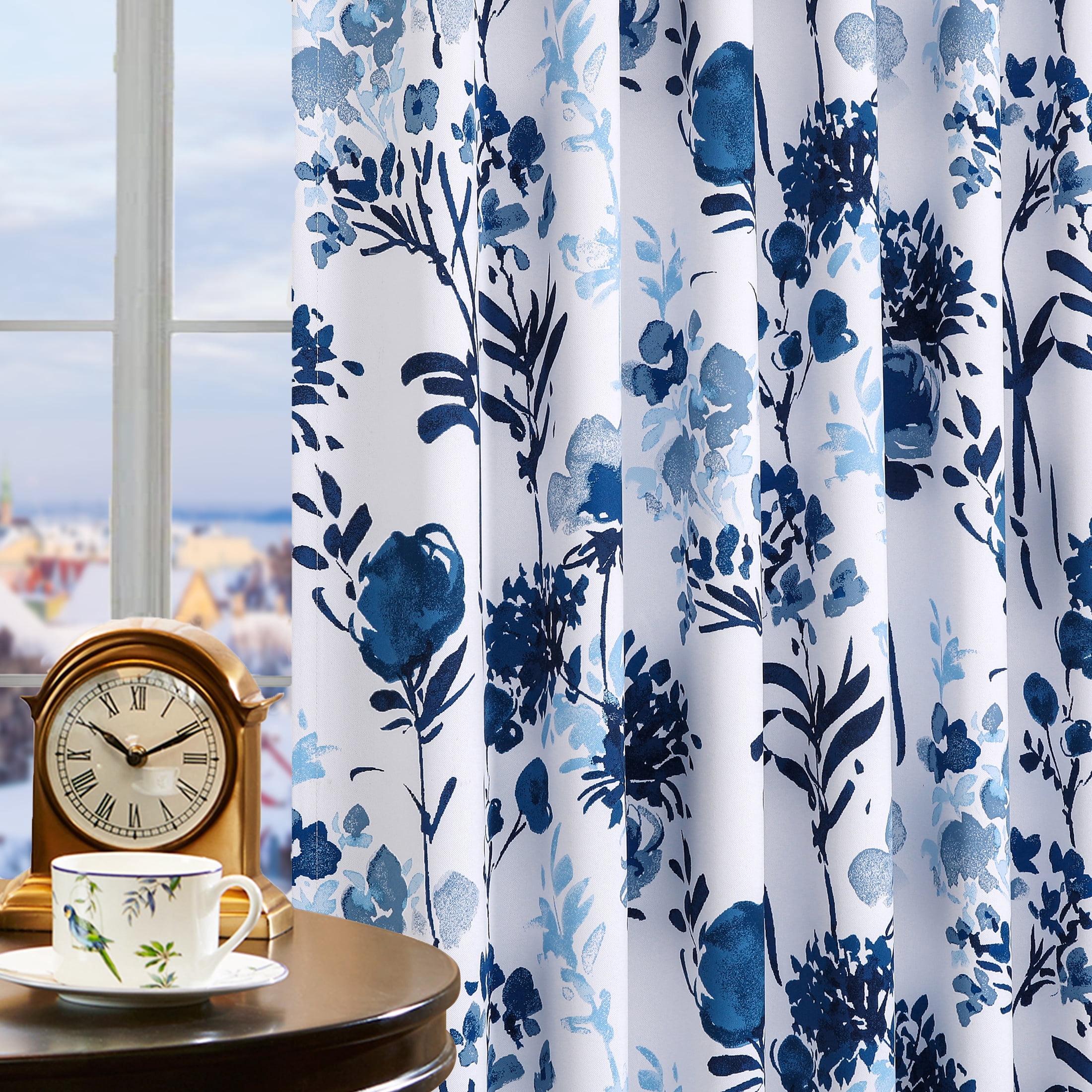 Decoultimatex Watercolor Blue Navy Floral Full Blackout Window Curtain Panels for Living Room Energy Efficient Thermal Insulated Rod Pdocket Drapes, 52"x 84"x 2
