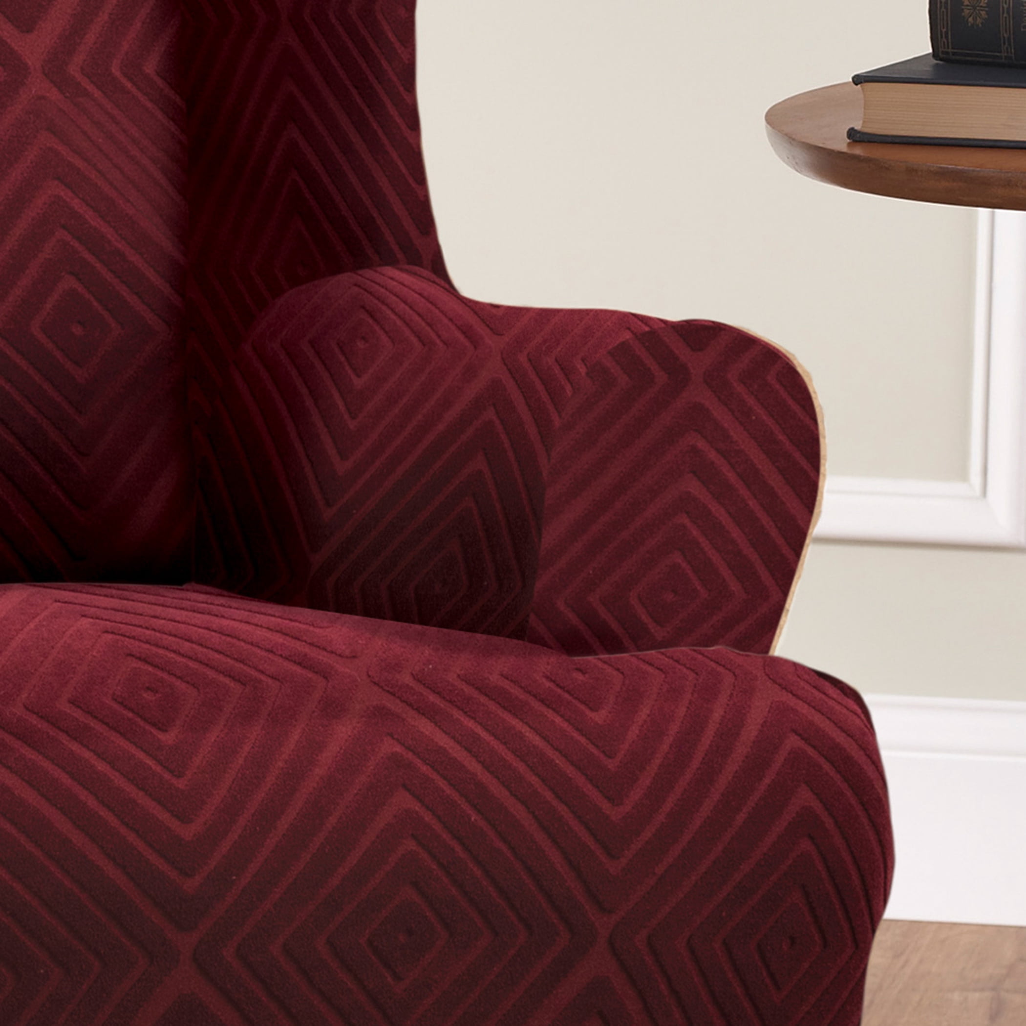 Stretch Sensations 1-Piece Stretch Shapely Diamond Wing Chair Slipcover, Burgundy