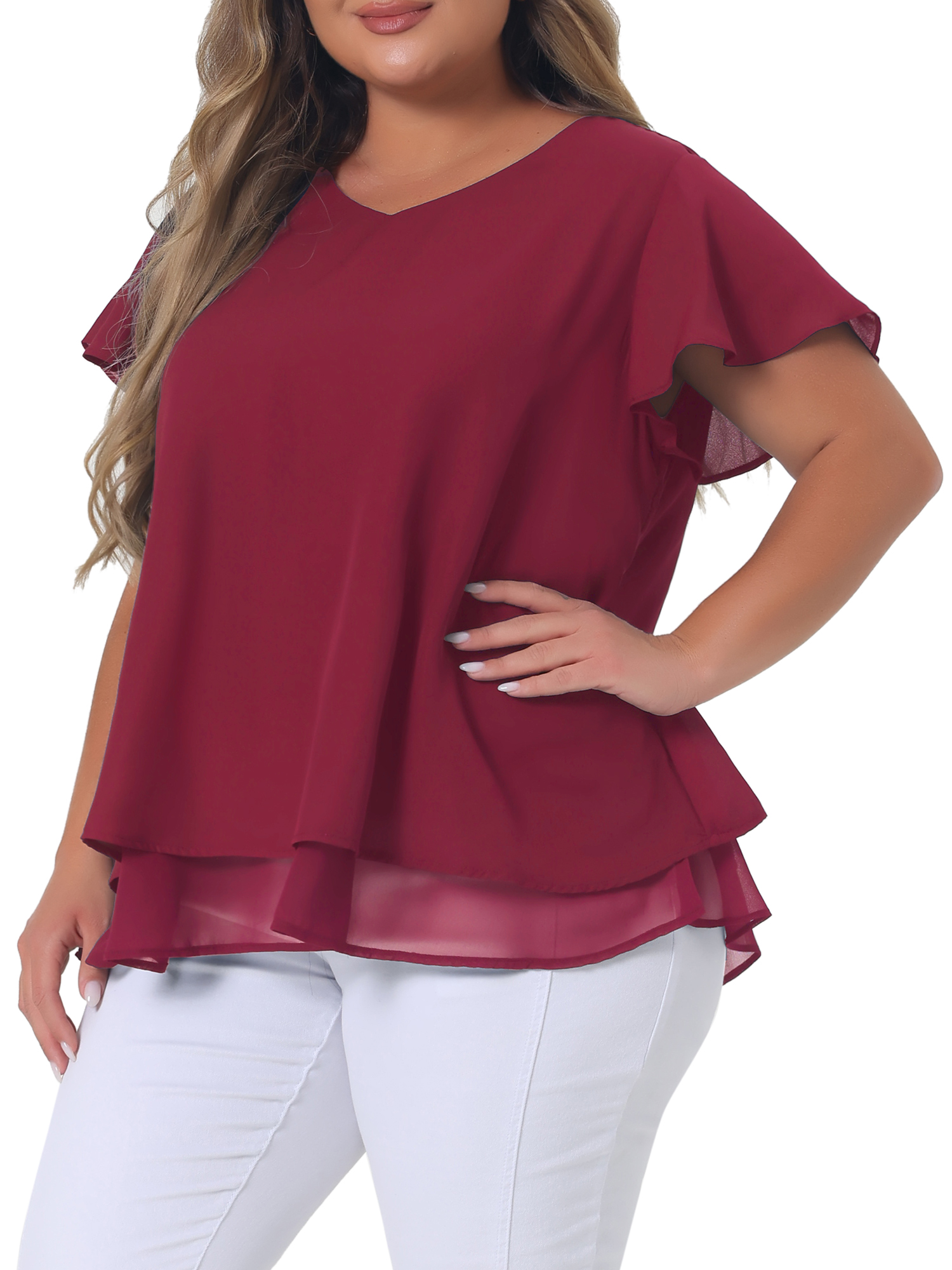 DARING DIVA Women's Plus Size Ruffle Short Sleeve V Neck Chiffon Blouse 2X Burgundy