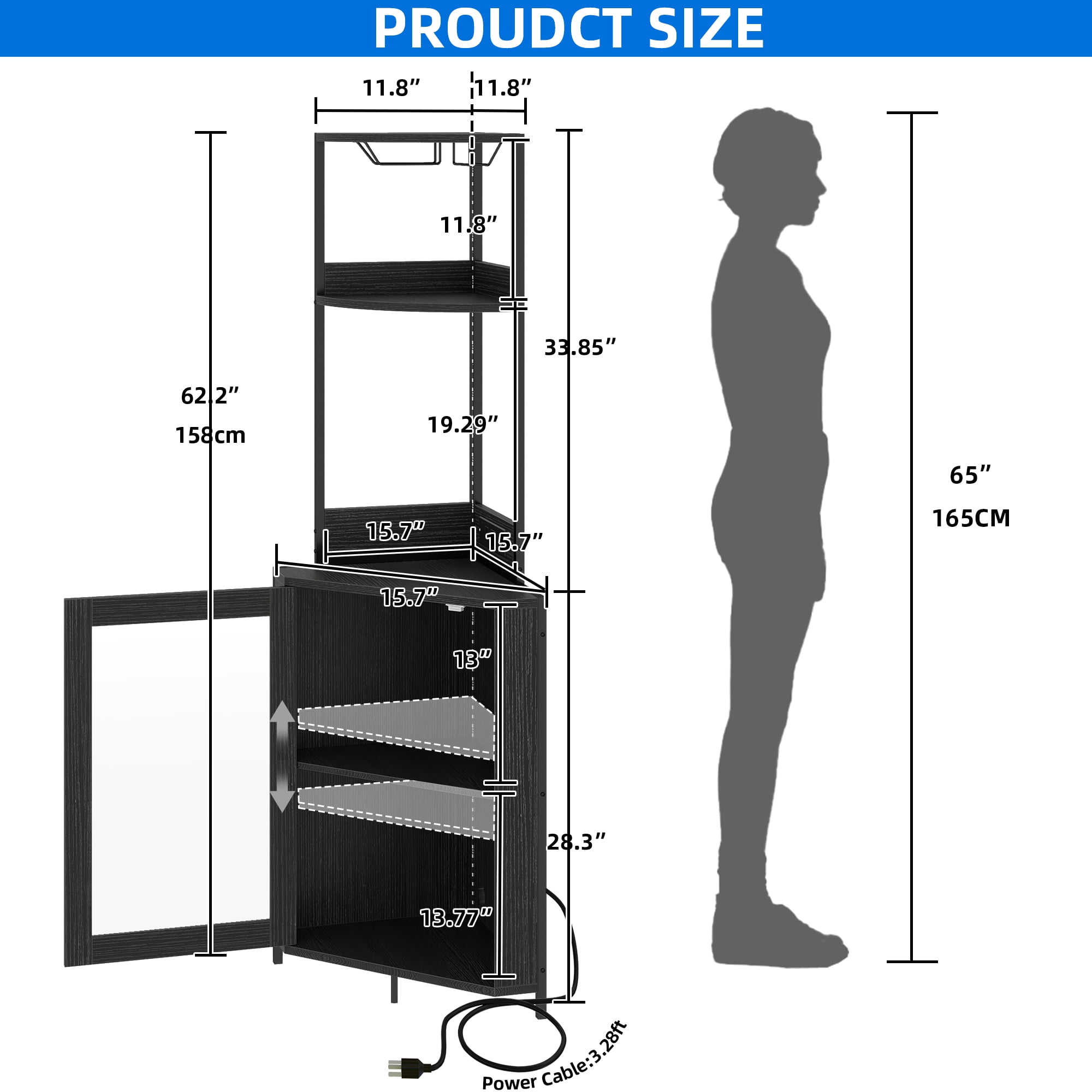 DEXTRUS Corner Bar Cabinet Modern 5 Tier, 1 Door, LED Light, Power Outlets, Glass Holder, 62 in