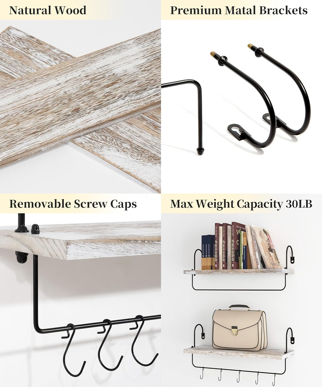Afuly Wall Shelf with Hooks, Solid Wood Coffee Mug Holder Coffe Bar Organizer, Wall Mounted Farmhouse Kitchen Storage Rack ( 16", Set of 2, White)
