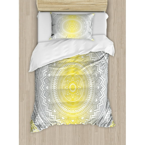 Grey and Yellow Duvet Cover Set, Soft Pastel Color Ombre Mandala Circular Art Medallion Print, Decorative 2 Piece Bedding Set with 1 Pillow Shams, Twin Size, Grey Yellow, by Ambesonne