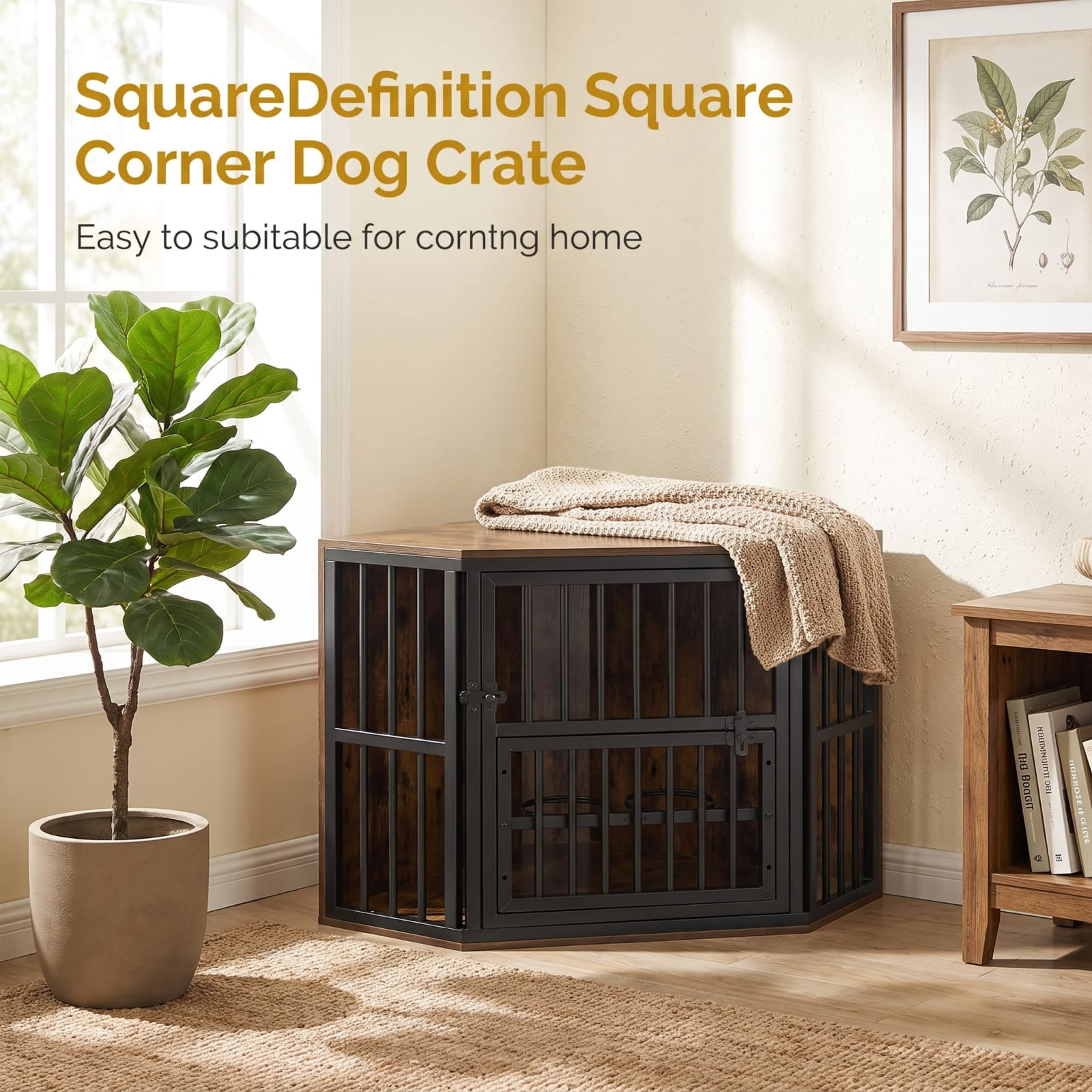 Vebreda Dog Crate Furniture, 35.5 inches Wooden Dog Kennel End Table with 3-Position Dog Bowl Rack, Space-Fit Corner Shape Design