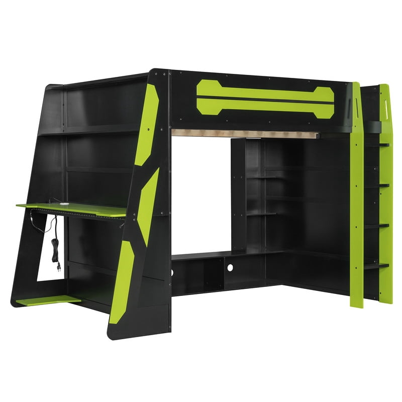 Full Size Loft Bed with Desk and RGB LED Lights, Wood Gaming Loft Bed Frame with Storage Shelves, TV Console Space and Multi-Functional Study Workstation for Teens Bedroom