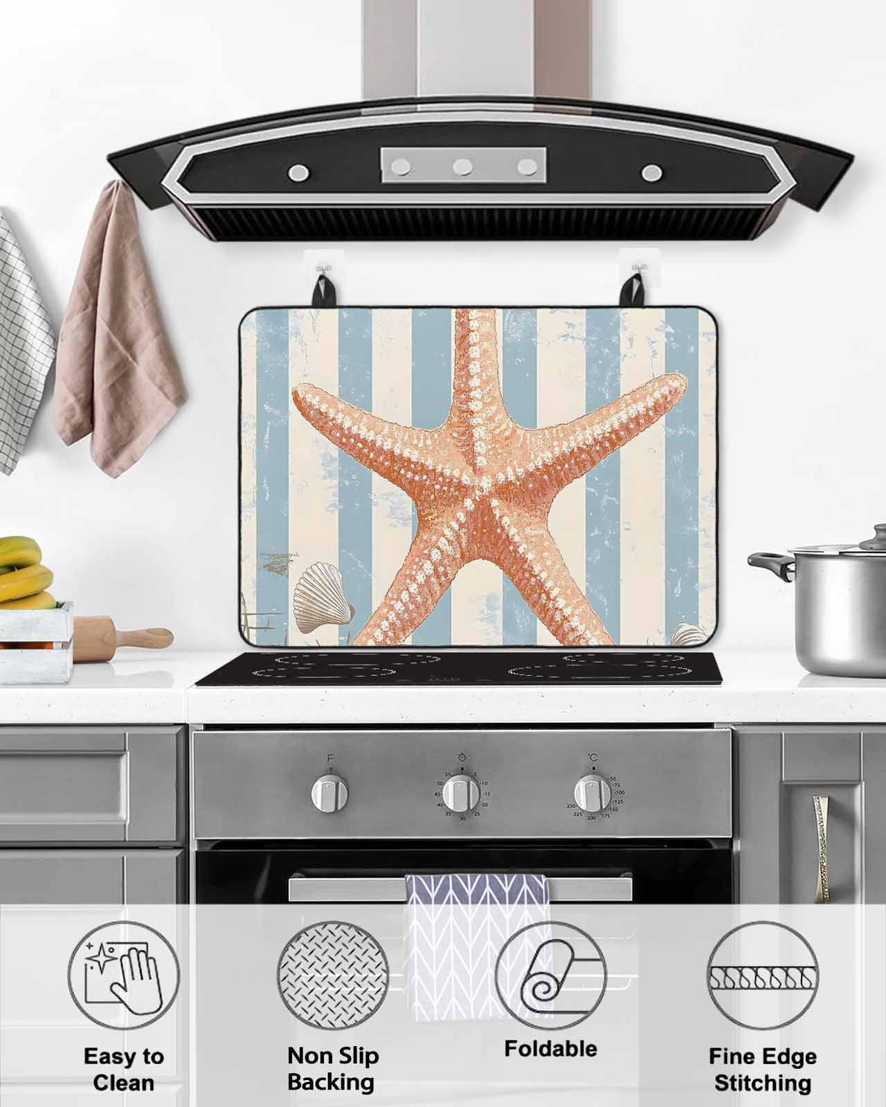 nqOlkjepod Large Induction Cooktop Protector Mat 24"x21", Coastal Starfish Stove Top Covers for Electric Stove, Summer Ocean Watercolor Stripe Stove Burner Cover Mats, Glass Top Stove Cover