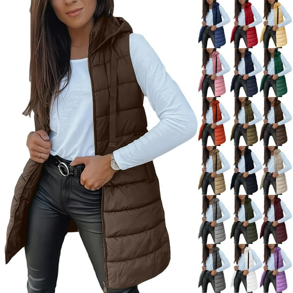 jsaierl Women's Hooded Long Down Vest Full-Zip Sleeveless Puffer Vest Fashionable Coats Jacket