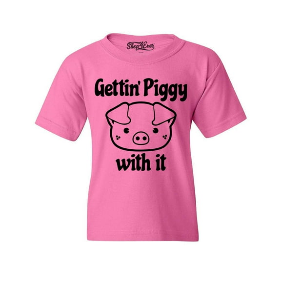 Shop4Ever Kids Getting' Piggy with It Graphic Child's Youth T-Shirt X-Small Azalea Pink
