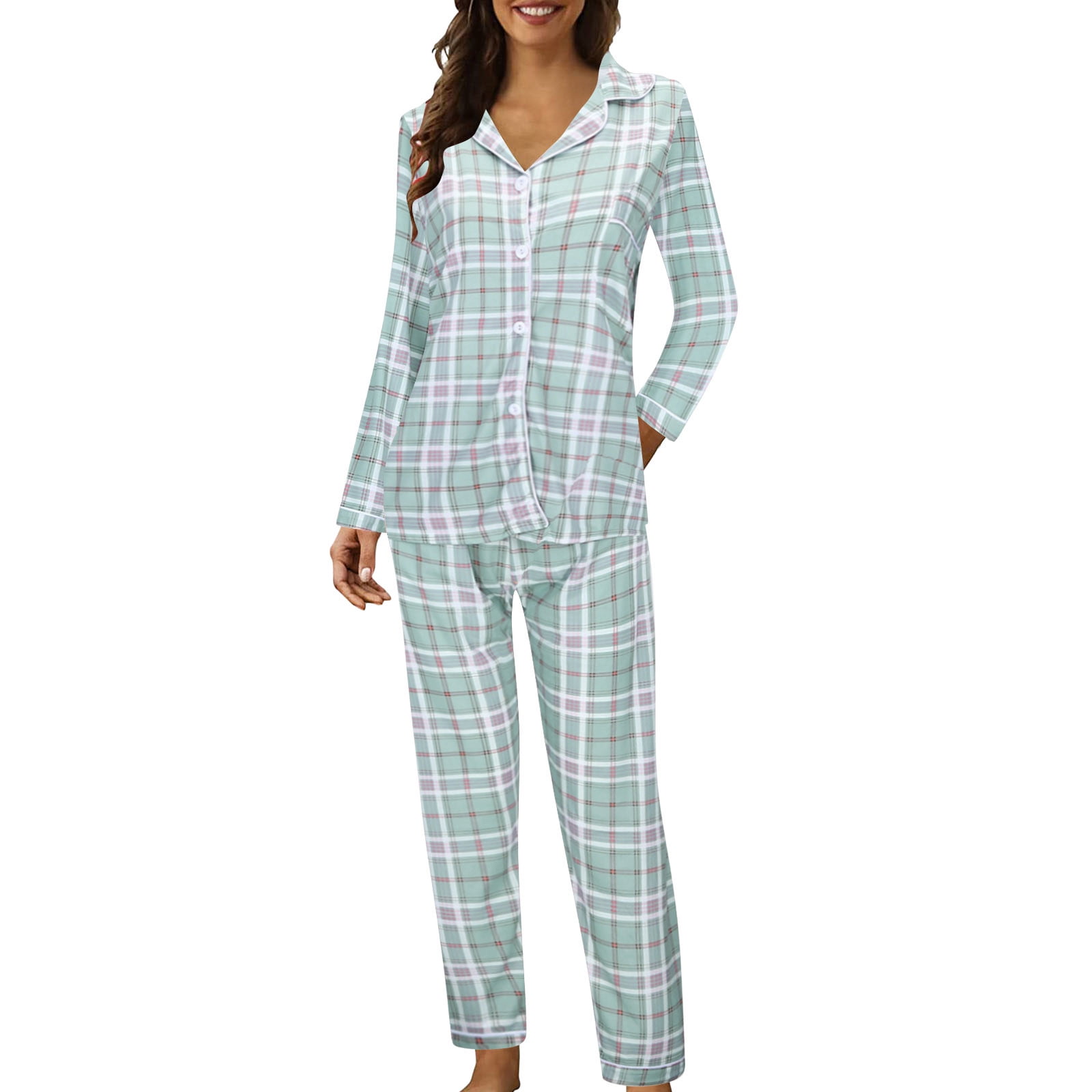 GDREDA Women's Sleepwear Set Casual Lapel Button Print Two Piece Long Sleeve Pajamas Pajamas Suit Women Pajama Sets pyjamas Mint Green,L