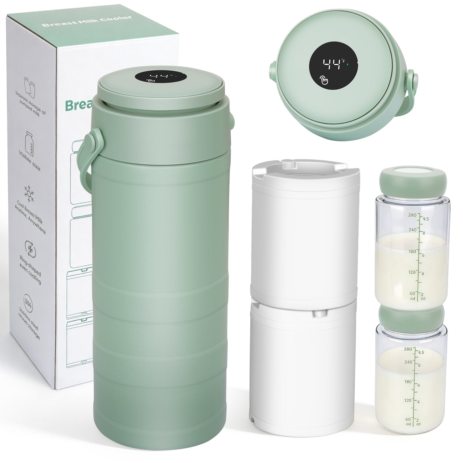Portable Breast Milk Cooler for Outdoors & Work, 360° Total Cooling Keeps Milk Fresh for 24 Hours, 19oz Large Capacity Travel Breastmilk Chiller with Temp Display & 2pcs Bottle for Breastmilk Storage