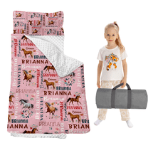 Gresahom Personalized Preschool Nap Mat for Toddler, Kids Sleeping Bag with Pillow and Blanket, Multicolor Horse Sleeping Mat for Daycare Girls and Boys, Easy Carry and Storage