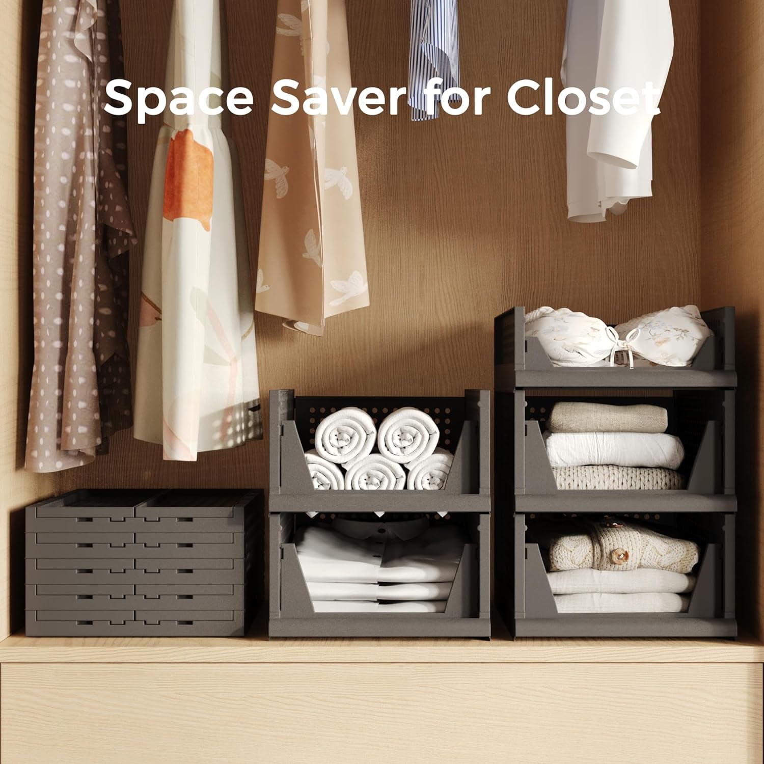 5 Pack Folding Closet Organizers - Stackable Plastic Drawer Basket for Clothing, Shelf Storage Container for Closet, Wardrobe, Bedroom, Bathroom, Office (Black)