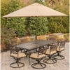 Hanover Outdoor Traditions 9-Piece Dining Set with 42" x 84" Cast-Top Table, 8 Swivel Rockers and Umbrella with Stand, Natural Oat