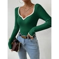 thumbnail image 4 of Women'S Sweetheart Neck Long Sleeve T Shirt Rib Knitted Contrast Binding Tee Tops Green S, 4 of 6