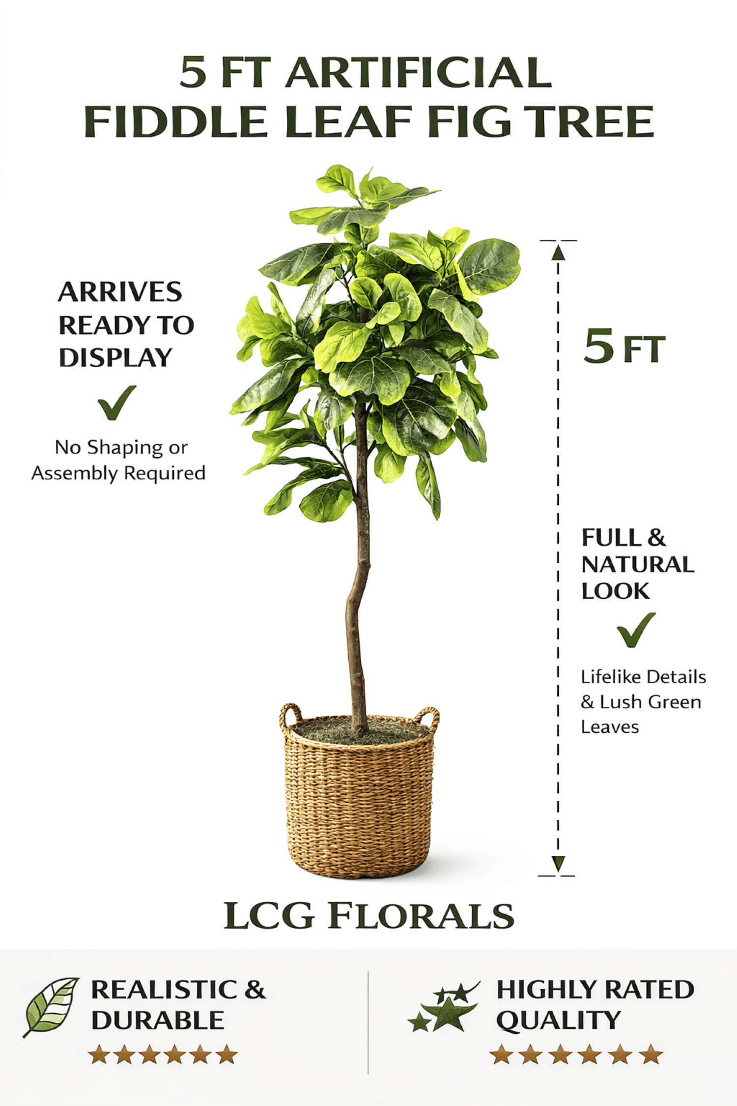 Artificial Trees, 5ft Artificial Fiddle Leaf Fig Tree in Handwoven Handled Basket by LCG Florals, Fake Indoor Faux Tree for Living Room, Office, & Home Decor