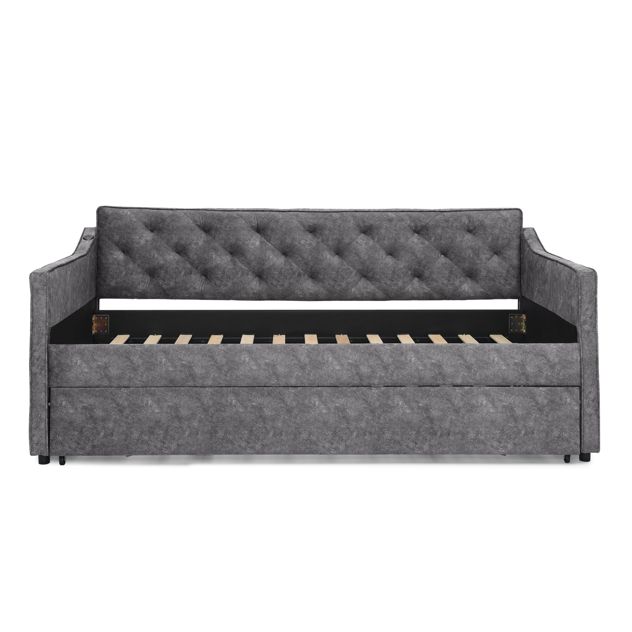 Noble House Belric Twin Size Velvet Tufted Daybed, Sofa Bed Frame with Pop-Up Trundle and Built-In Charging Port, Grey