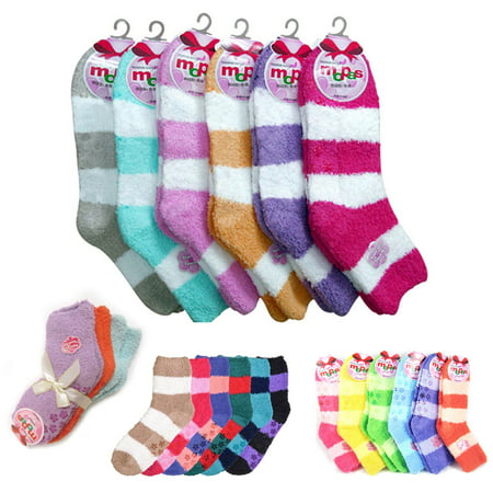 All Top Bargains New 6 Pairs Plush Soft Socks Women Girls NON SKID Stripe 9-11 Winter Warm