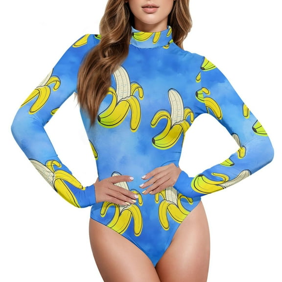joogoo Bananas Tie Dye Women's Mock Turtle Neck Long Sleeve Bodysuit L