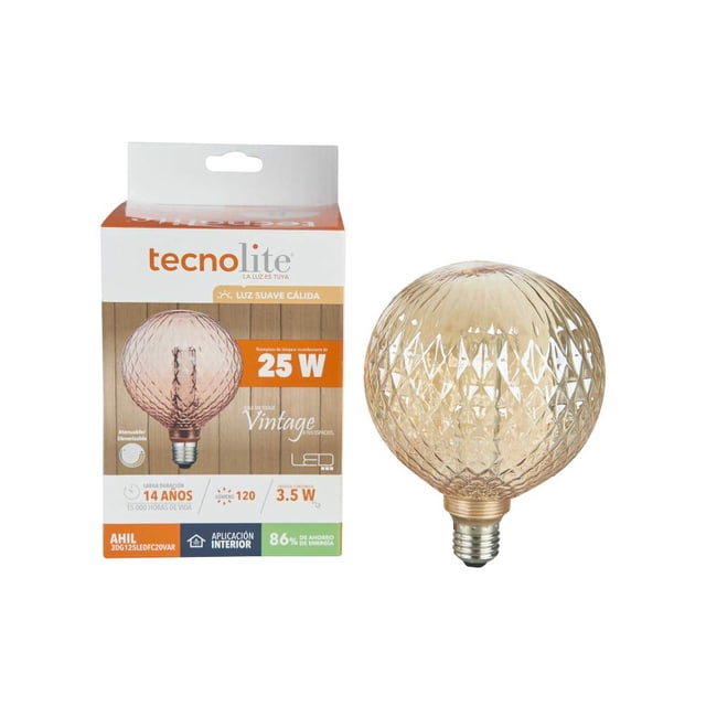 Tecnolite, Foco Vintage LED, Modelo 3DG125LEDFC20VAR, Foco Atenueble / Luz Suave Cálida, Base E27, Tamaño 16.4 x 12.5 Centímetros, Foco LED con Luz Color Ambar