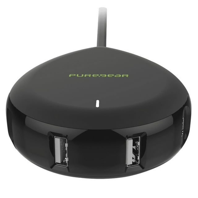 PureGear Universal 4-Port USB Charging Station Hub with patented charge technology, featuring a compact black design with three USB-A ports (2.1A each) and one USB-C port (3A). Ideal for charging iPhone, Android, iPad, MacBook, and other devices simultaneously. The hub is shown in a front-facing view, highlighting its sleek, rounded shape and visible USB ports.