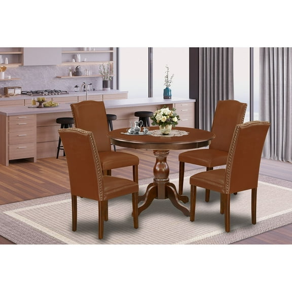 MidCentury Dining Set - Round Table & 4 Parsons Chairs - Mahogany Finish