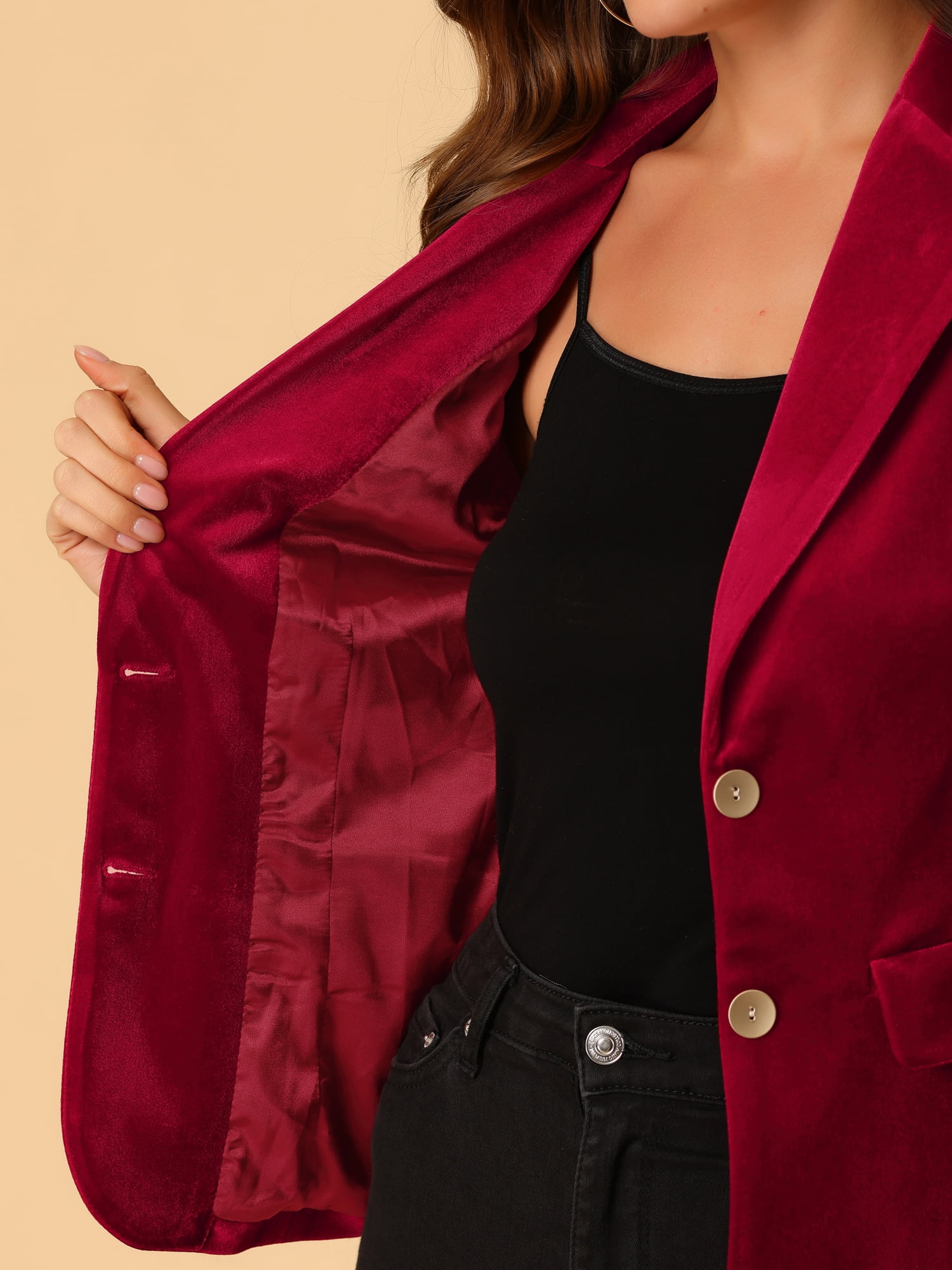 Unique Bargains Women's Notched Lapel Button Front Office Velvet Blazer Jacket XL Burgundy