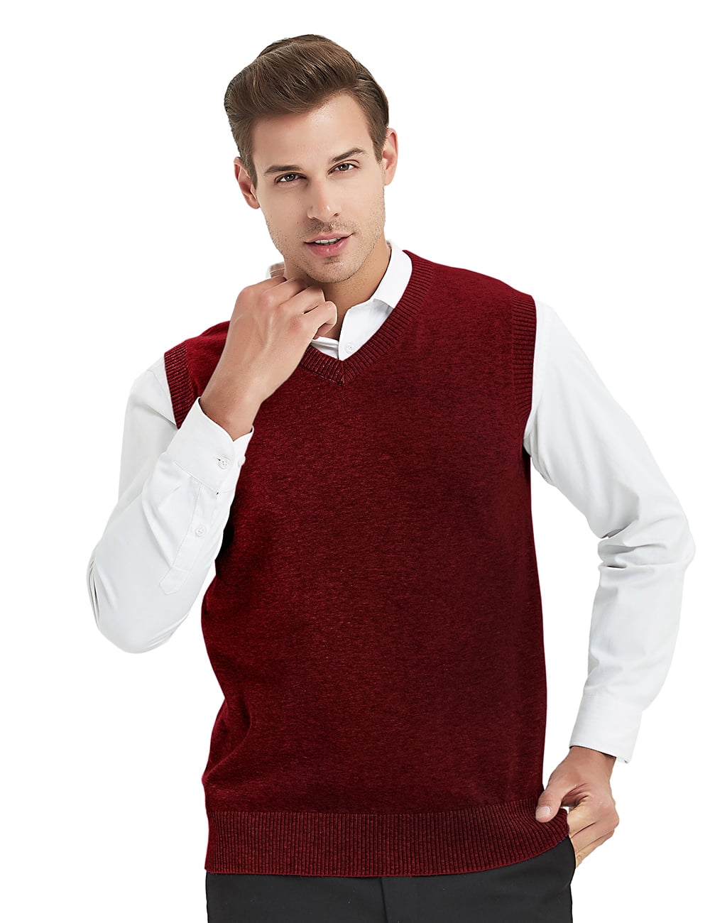 Toptie Men Business Solid Color Sweater Vest, Cotton Fit Casual Pullover-Wine Red-XL -