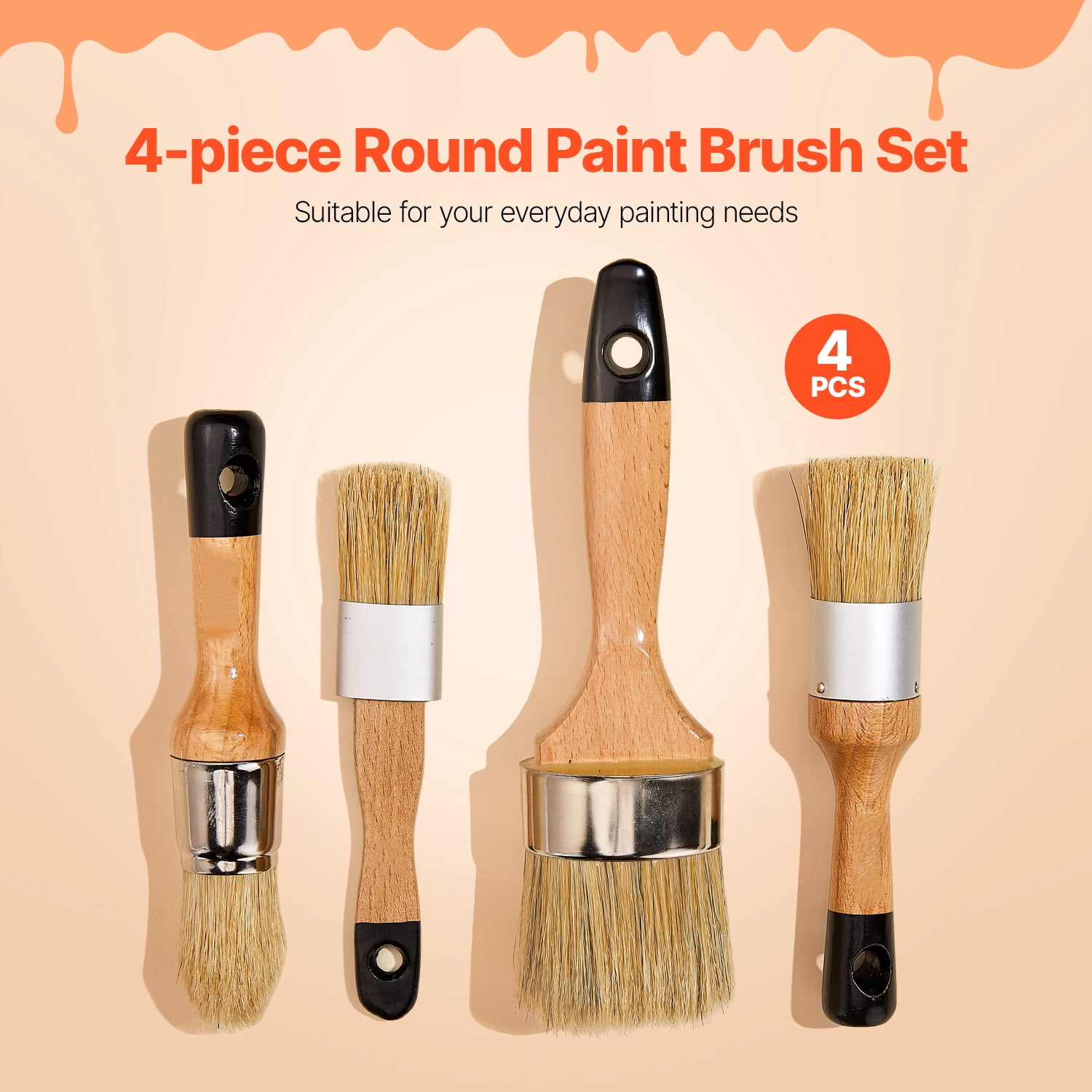 KFFKFF Chalk and Wax Paint Applicator, Set of 4, Brushes for Furniture, Acrylic Paint, Milk Paint, Home Decoration, Natural Bristle Round and Oval Brush for Comprehensive Painting and Waxing