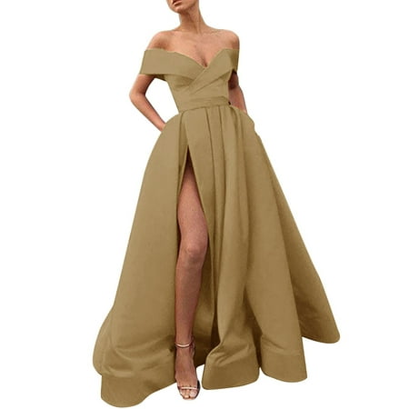 IDALL Wedding Guest Dresses Prom Dresses Cocktail Ladies Chiffon Temperament French Retro Summer Cocktail Low Cut Wedding Fit Plain Maxi Dresses Formal Dresses Graduation Dress Yellow Dress XL
