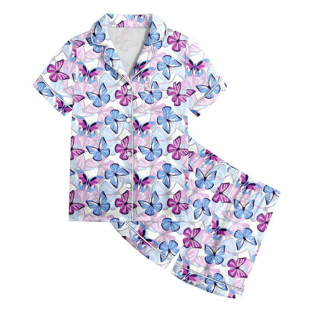 Tenue Bébé Manches Courtes Imprimé Papillon Chemise à Col Rabattu Shorts Ensemble de Pyjama Décontracté Vêtements Filles Violet 10-11 Ans