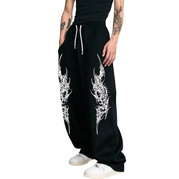 CONZONE Men's Baggy Sweatpants Gothic Wide Leg Pants for Men Trendy Elastic Waist Graphic Y2K Soft Streetwear Joggers With Pocket