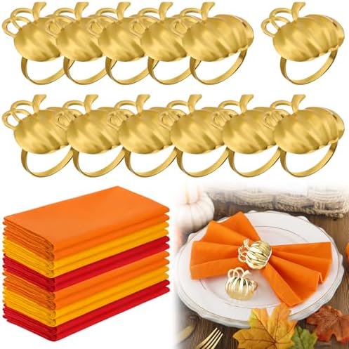 Thanksgiving Cloth Napkins and Napkin Rings - 12 Sets Pure Cotton Fall Napkins with Pumpkin Napkin Holders for Thanksgiving Table Decorations Dinner Parties Weddings Red+yellow+orange