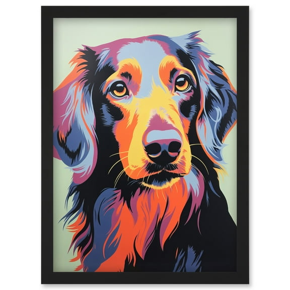 Long Haired Dachshund Dog Colourful Artwork Orange Blue Purple Pet Portrait Cute Artwork Framed Wall Art Print A4