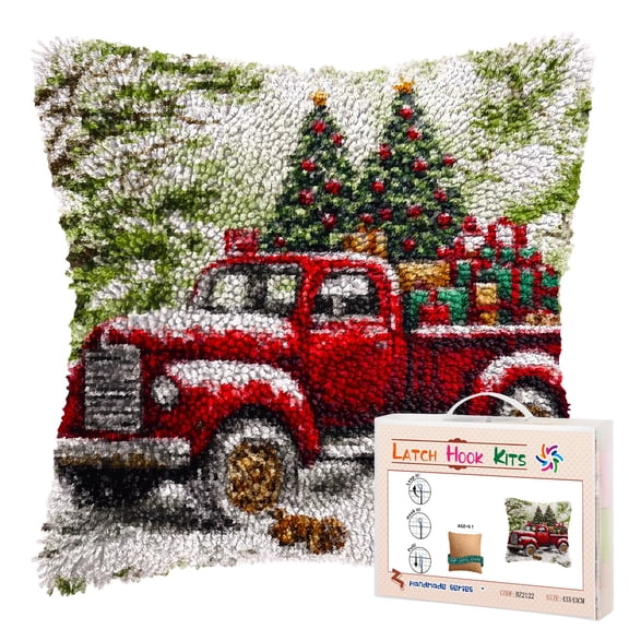 DIY Latch Hook Pillow Kits Old Red Truck with Christmas Tree Dog Printed Pillowcase Crochet Yarns Hooking Handmade Pillow Cover Cushion for Home Sofa Decoration 17x17inch-3