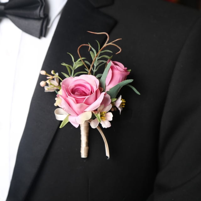 Zhuge Paquete de 2 broches de ramo, ramilletes, flores artificiales clásicas para novios y novias, con alfiler para decoración de trajes, ramilletes para hombres, bodas, fiestas, color rosa