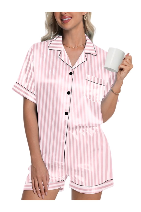 Womens Silk Pajama Sets Satin Pajamas for Women Set Short Sleeve Shirt with Shorts 2 Piece Pjs Sets Soft Silky Sleepwear Nightwear Button-Down Loungewear S-XL
