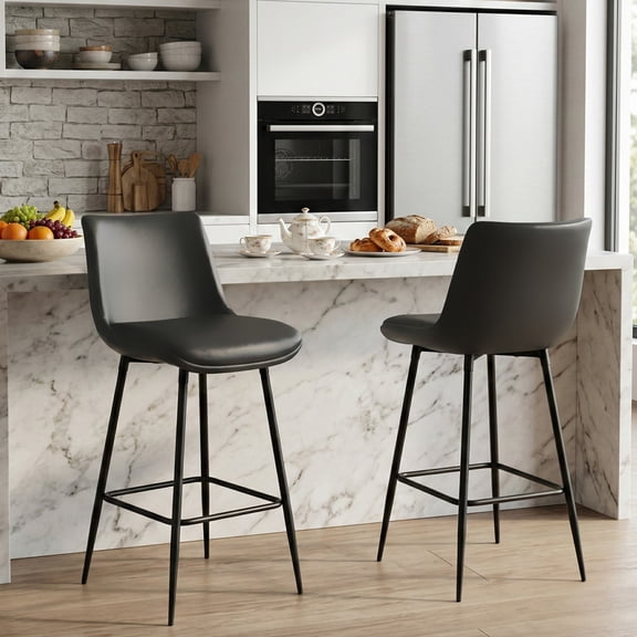 Counter Height Bar Stool, Upholstered Faux Leather Counter Stool with Curved Back and 3.5" Thick Padded Seat, Modern Kitchen Island Chair with Metal Legs and Footrest