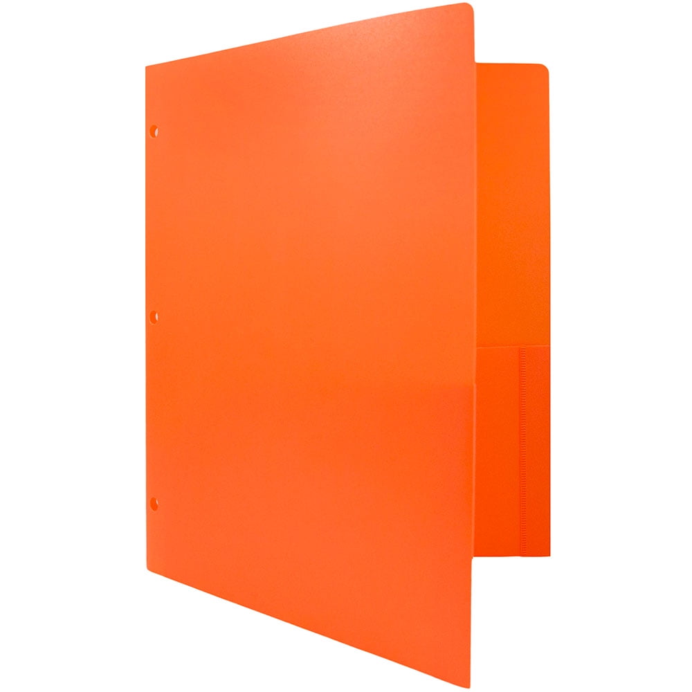 JAM Paper Heavy Duty Plastic 3 Hole Punch School Folders with Pockets, Orange, 6 per Pack