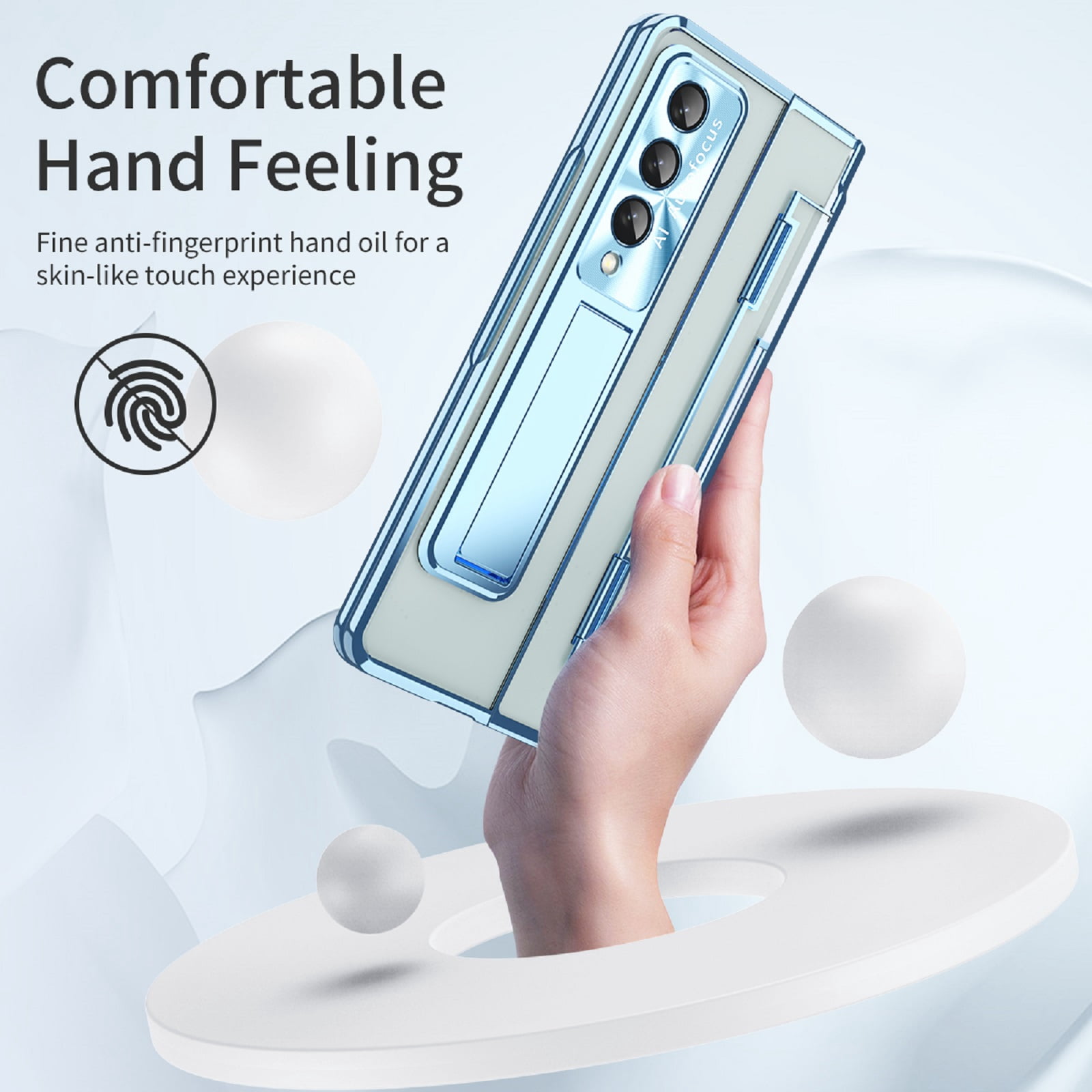 ELEHOLD for Samsung Galaxy Z Fold 4 Leveling Hinge Folding Case, HD Transparent Plating Frame Wireless Charging Hidden Kickstand 360° Full Protection Anti-Drop Shockproof Case for ZFold 4 7.6",Blue