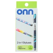 onn 2-in-1 Stylus Pen Set with Built-In Ballpoint Pen, Multicolor, 3 Count