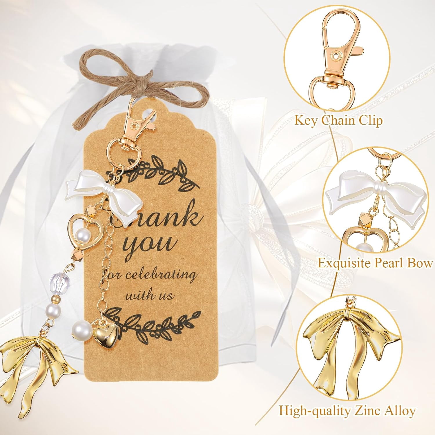 20 Set Pearl Bow Keychain Party Favor Bulk Mother's Day Keyring Charm Accessories Present Kraft Tag Organza Bag for Guest Baptism Bridal Shower Graduation Wedding Party Gift(Gold, Novel Bow)