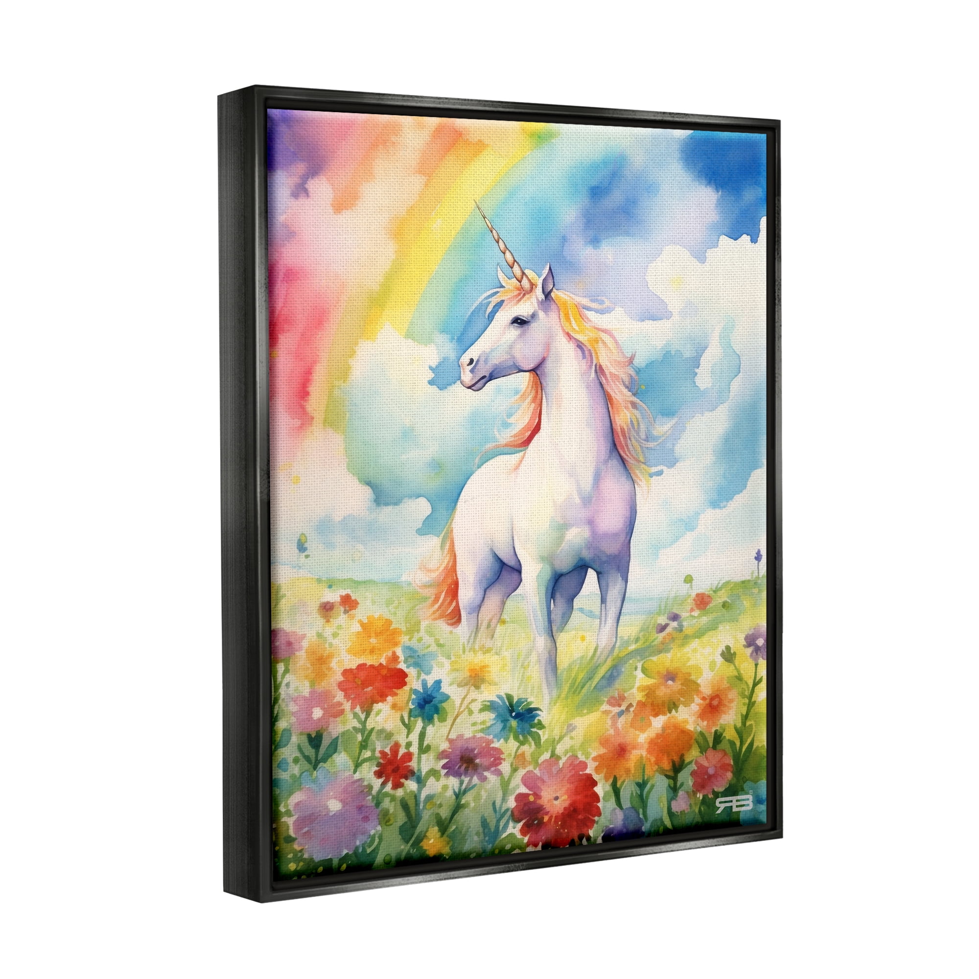 Stupell Industries Unicorn in Rainbow Meadow Fairy Tales & Fantasy Painting Black Floater Framed Canvas Art Print Wall Art, 17 x 21