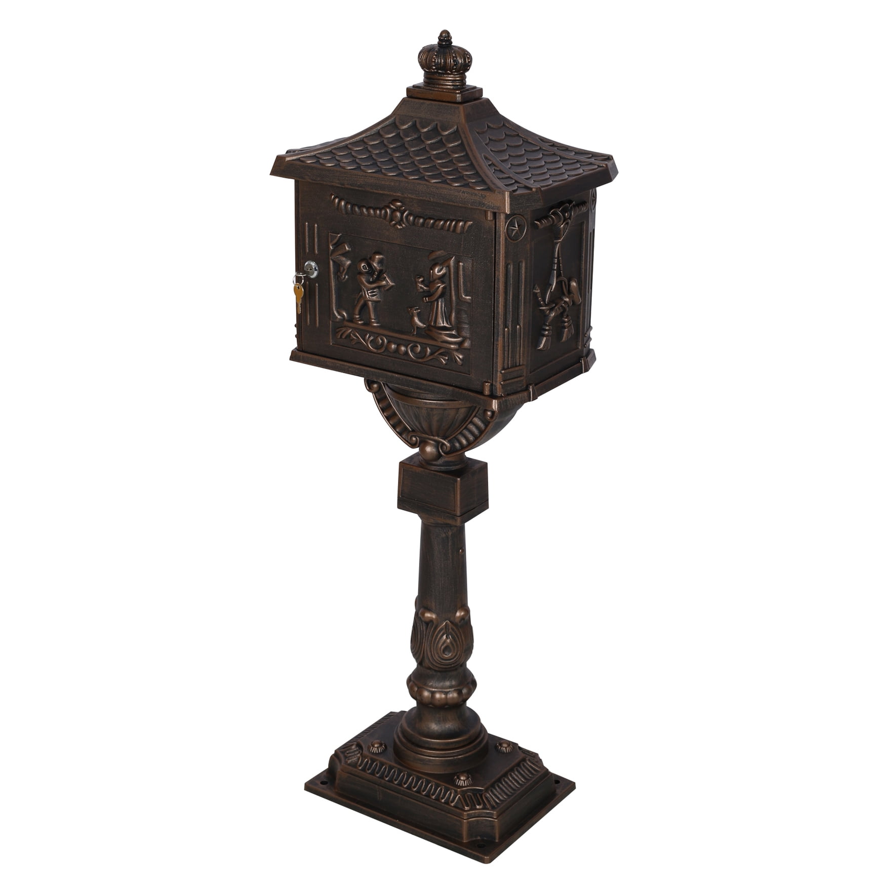Cast Aluminum Mailbox - Bronze Postal Box with Lock & Keys - Large, Heavy Duty, 45.5" Tall