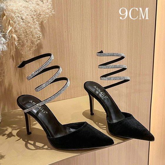 2024 Roman Sexy Pointy Thin Heel Back Empty Single Shoe Rhinestone Snake Wrapped High Heels Wedding Shoes FGS
