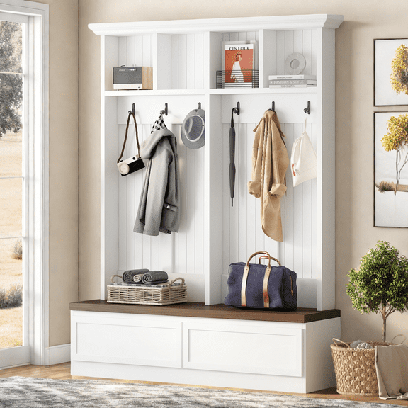 Farmhouse Hall Tree with Bench, 4-in-1 Entryway Organizer with 2 Drawers, 6 Hooks and Storage Shelves, Mudroom Bench for Entryway, Hallway, White