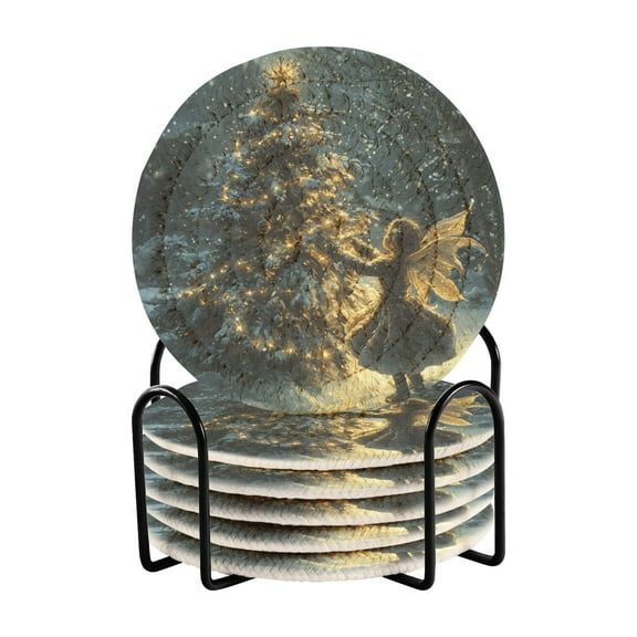 Fairy and Glow Christmas Tree Coasters with Holder for Coffee Table 6 Pcs Drink Coaster Sets Absorbent for Home Decor 4 inch
