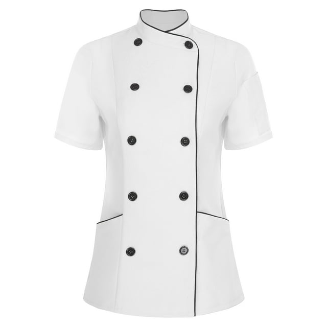 renvena Manteau de Chef à Manches Courtes pour Femme à Col Croisé Veste de Chef à Double Boutonnage Uniforme de Travail de Cuisine Restaurant Blanc G