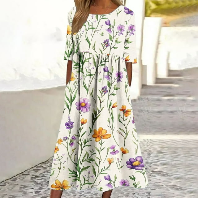 Nuoqisi Robe Longue Plissée à Manches Courtes pour Femmes, Imprimée, Col Rond, avec Poche - Silhouette Maxi Texturée avec Rangement Fonctionnel pour une Élégance Sans Effort