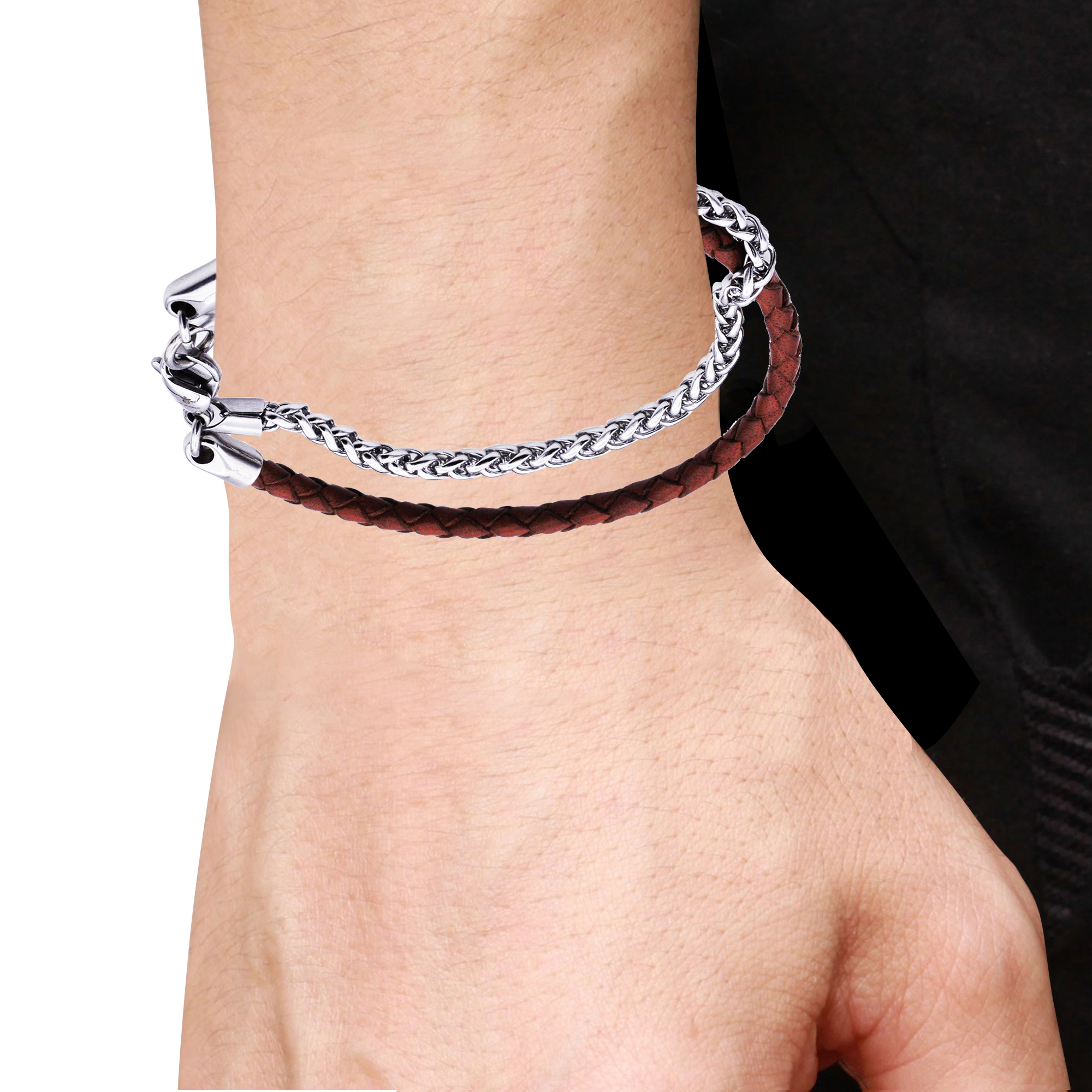 Arista Franco Chain and Brown Leather Men's Bracelet in Stainless Steel, 8"